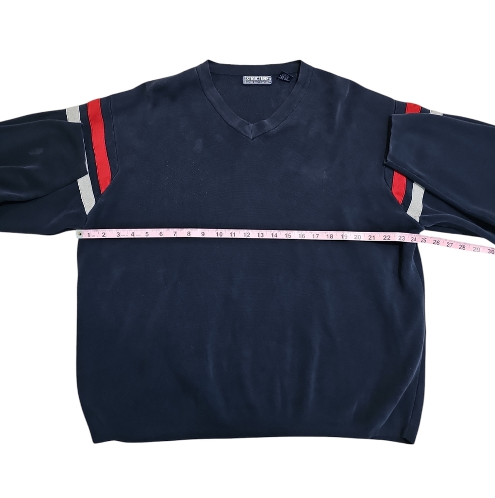Structure Mens XL Navy V-Neck Sweater Red Gold Stripe Retro 90s Grunge Preppy - Picture 6 of 7